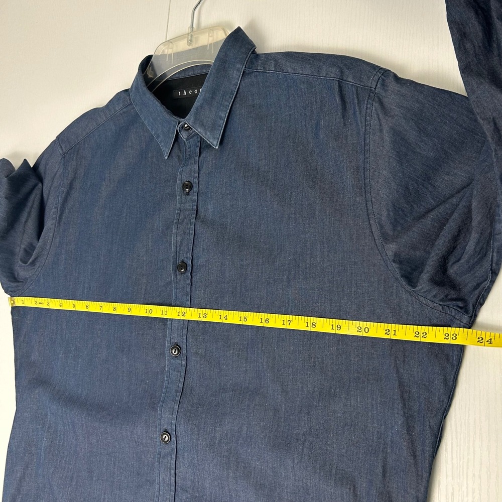 Theory Chambray Button Down Shirt Long Sleeve Dark Blue Men's Large Cotton - Picture 6 of 9